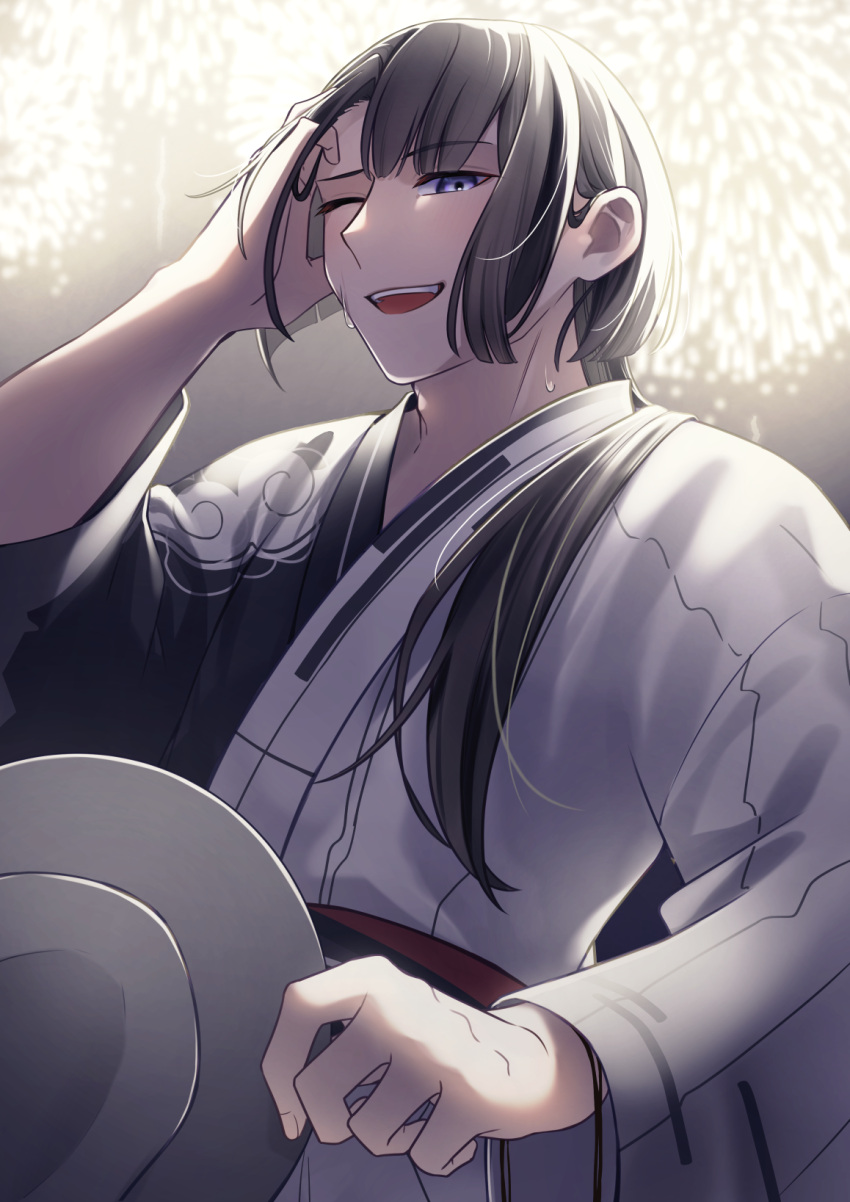 1boy, alternate_costume, black_hair, black_kimono, fate/grand_order, fate_(series), fedora, fireworks, hat, highres, holding, holding_clothes, holding_hat, japanese_clothes, kimono, long_hair, long_sleeves, one_eye_closed, sakuraike, sidelocks, solo, summer_festival, sweat, tai_gong_wang_(fate), two-tone_kimono, upper_body, violet_eyes, white_kimono, yukata