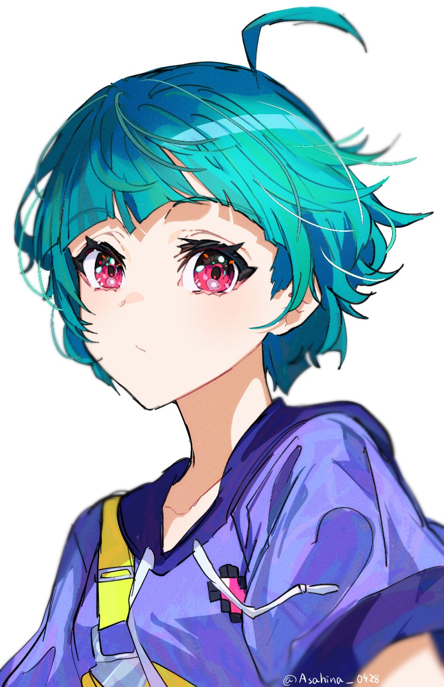 1girl, ahoge, asahina_(asahina_0428), blue_hair, blunt_bangs, closed_mouth, commentary_request, drawstring