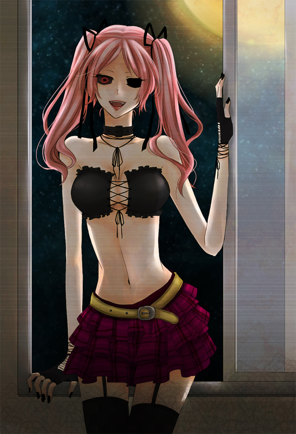 against_wall, bandeau, belt, black_sclera, breasts, choker, cleavage, fingerless_gloves, front-tie_top, garter_straps, gloves, hair_ribbon, lipstick, long_hair, midriff, moon, nail_polish, naughty_face, navel, night, night_sky, nonmark, open_mouth, pink_hair, plaid, plaid_skirt, red_eyes, ribbon, shiki, shimizu_megumi, skirt, sky, smile, solo, thigh-highs, thighhighs, top, twi_tails, twintails, window, zettai_ryouiki
