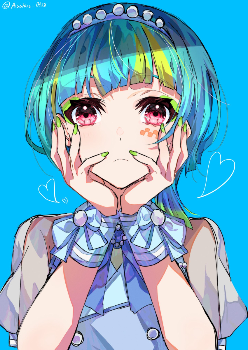 1girl, asahina_(asahina_0428), blue_background, blue_hair, blunt_bangs, closed_mouth, commentary_request, eyeshadow