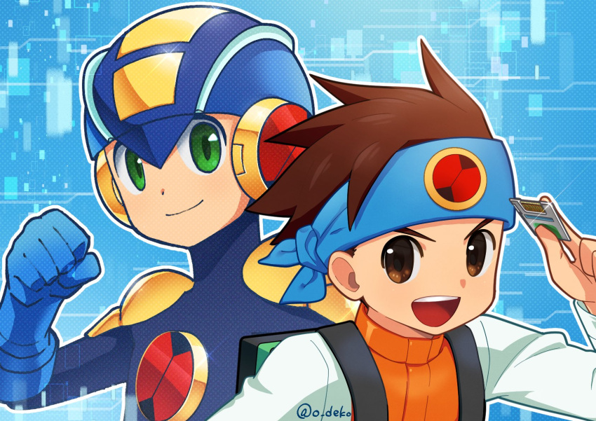 2boys, bag, bare_shoulders, battle_chip, blue_background, blue_bodysuit, blue_headband, blue_helmet