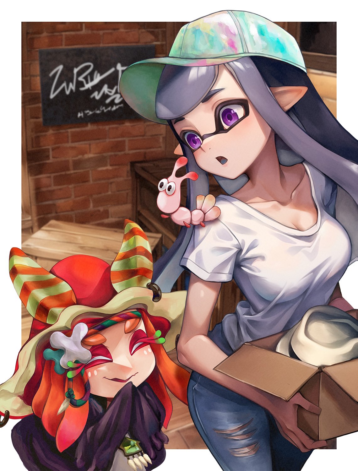 2girls, ^_^, baseball_cap, border, box, breasts, closed_eyes, collarbone, colored_eyelashes, commentary_request, denim, flow_(splatoon), hat, highres, holding, holding_box, inkling, inkling_girl, inkling_player_character, jajanome, jeans, long_hair, multiple_girls, open_mouth, outside_border, pants, purple_hair, shirt, smile, splatoon_(series), tentacle_hair, torn_clothes, torn_jeans, torn_pants, violet_eyes, white_border, white_shirt