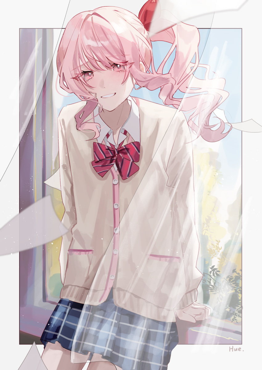 1other, absurdres, against_window, akiyama_mizuki, artist_name, blue_skirt, border, bow, cardigan, collared_shirt, commentary_request, cowboy_shot, curtains, day, diagonal-striped_bow, drill_hair, drill_sidelocks, eyes_visible_through_hair, hair_ornament, highres, hue_0813, indoors, kamiyama_high_school_uniform_(project_sekai), long_hair, long_sleeves, looking_at_viewer, other_focus, outside_border, parted_lips, pink_eyes, pink_hair, plaid, plaid_skirt, pleated_skirt, pocket, project_sekai, red_bow, school_uniform, shirt, side_drill, side_ponytail, sidelocks, skirt, smile, solo, white_border, white_cardigan, white_shirt, window