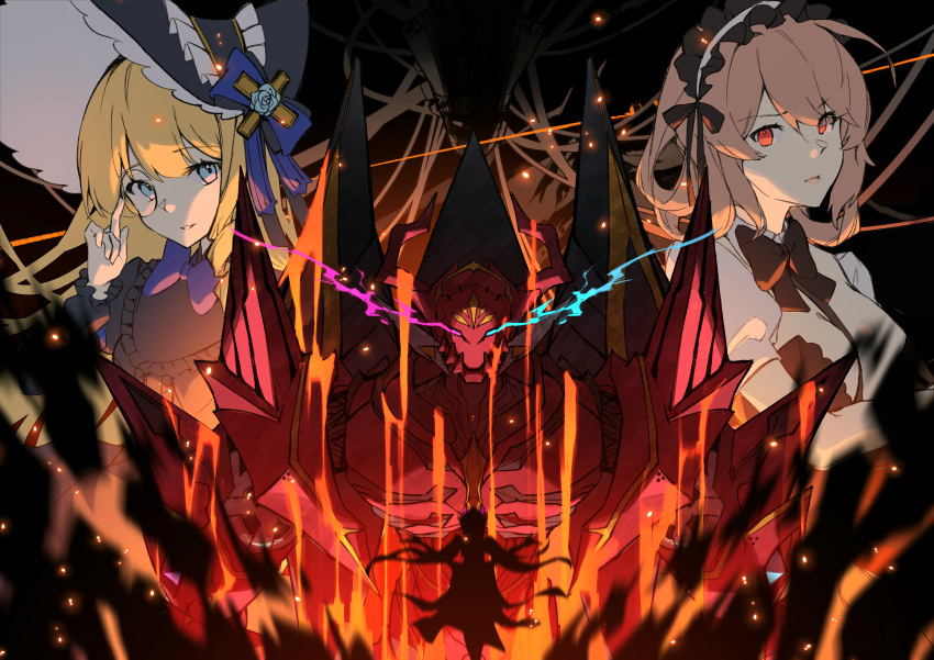 3girls, absurdres, blonde_hair, blue_eyes, bow, breasts, closed_mouth, cynthia_(iron_saga)