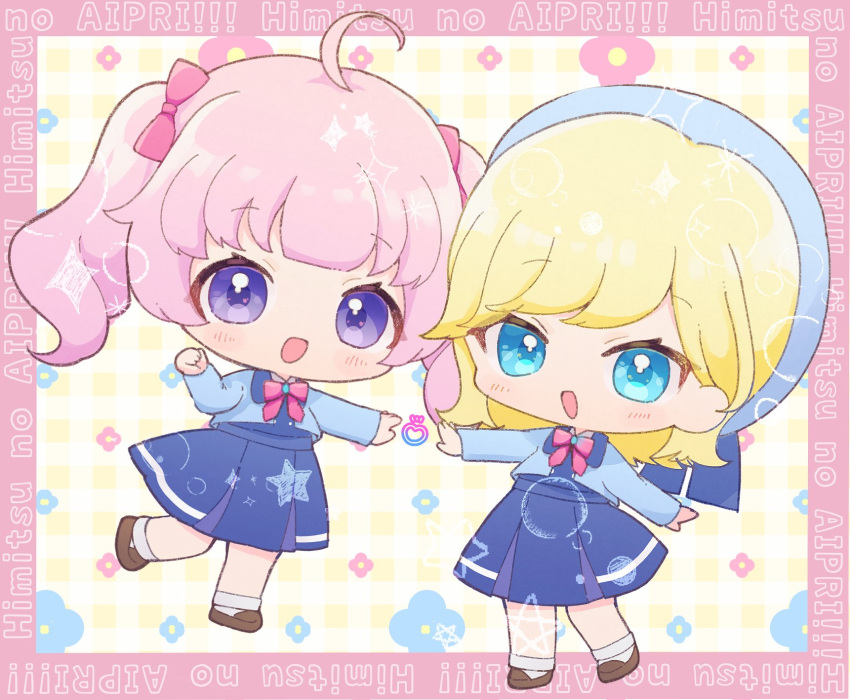 2girls, :d, ahoge, aozora_himari, beret, blonde_hair, blue_dress, blue_eyes