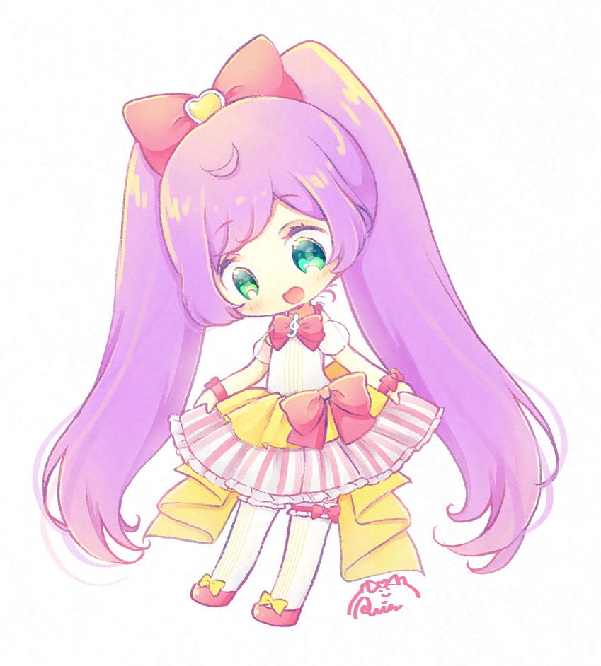 1girl, :d, ahoge, bow, chibi, detached_sleeves, dress, full_body