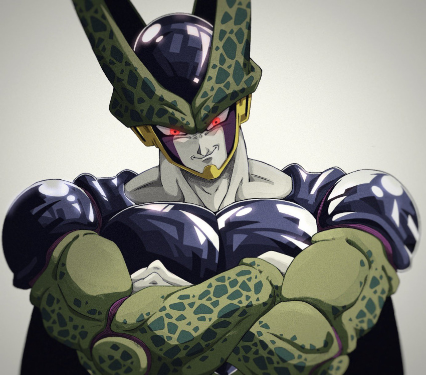 1boy, black_skin, blurry, blurry_background, bure_(fantasticyouth7), cell_(dragon_ball), colored_skin, crossed_arms, dragon_ball, dragon_ball_z, green_skin, highres, muscular, muscular_male, red_eyes, simple_background, smile, upper_body