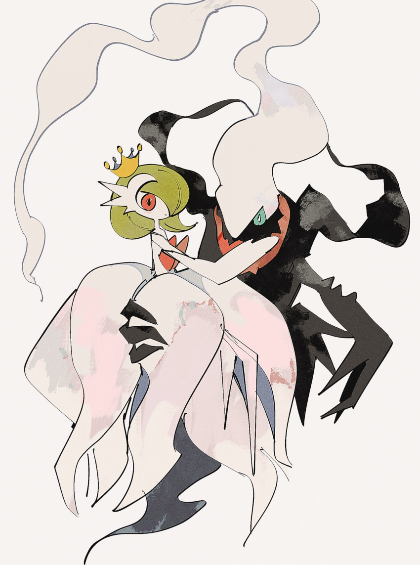 black_skin, blue_eyes, colored_skin, crown, darkrai, dress, gardevoir, green_hair