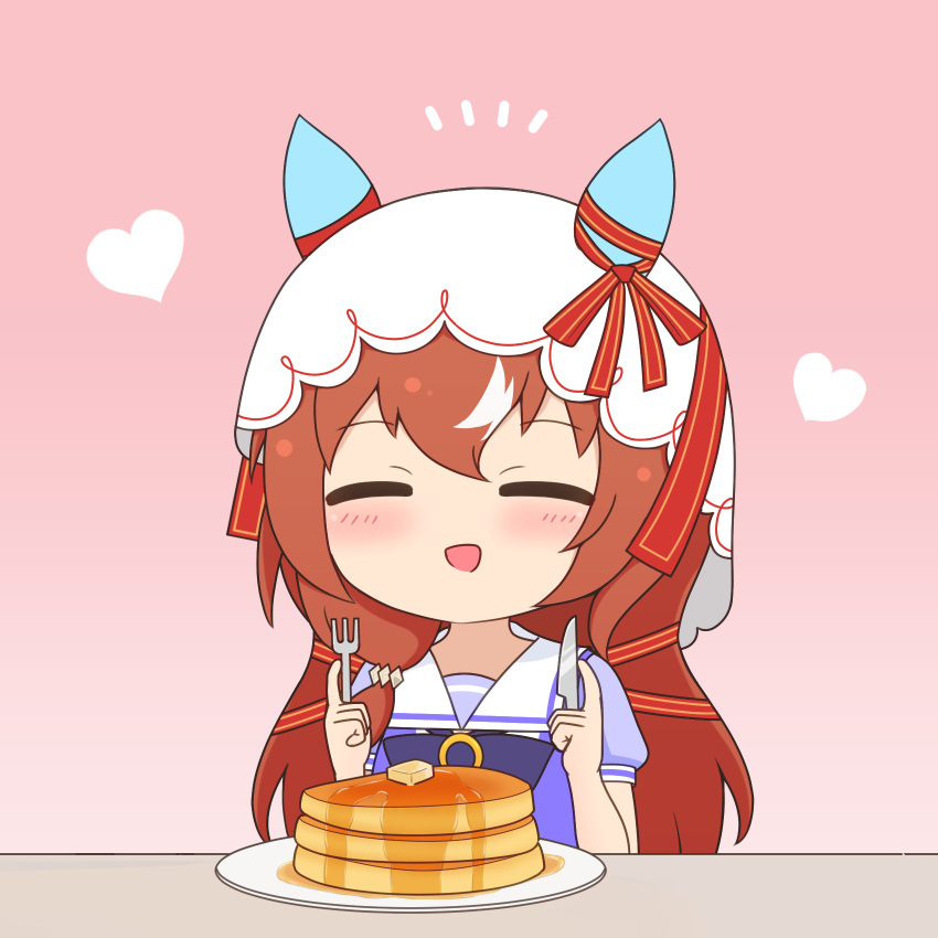 1girl, blush, closed_eyes, commentary_request, food, fork, highres, horse_girl