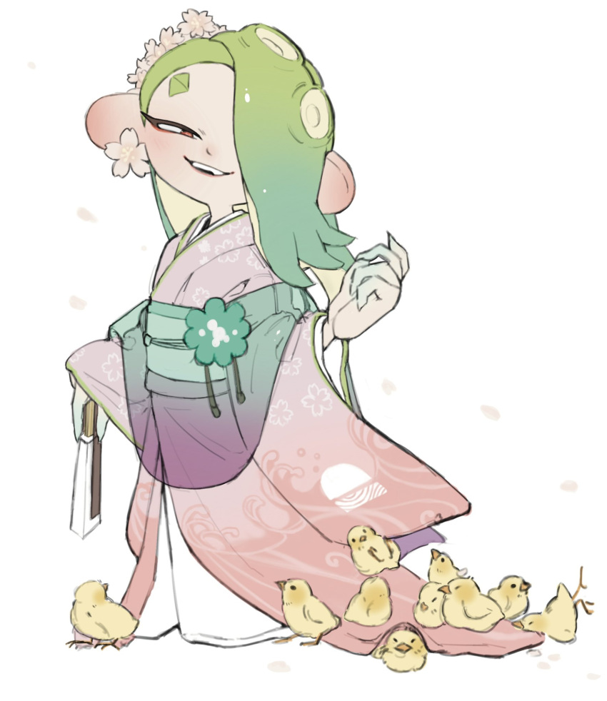 1girl, bird, cherry_blossoms, chick, commentary_request, flower, folded_fan, folding_fan