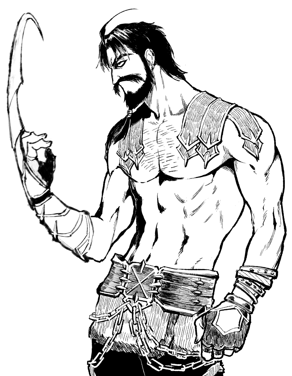 1boy, b_suke, beard, chain, chest_hair, claw_(weapon), commentary_request, edward_teach_(fate), facial_hair, fate/grand_order, fate_(series), fingerless_gloves, gloves, greyscale, highres, male_focus, monochrome, mustache, profile, single_glove, solo, toned, toned_male, topless_male, upper_body, weapon