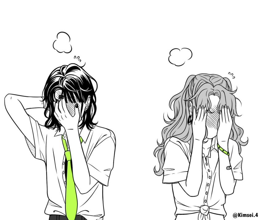 2girls, arm_up, blush, collared_shirt, commentary, ear_piercing, earrings, embarrassed