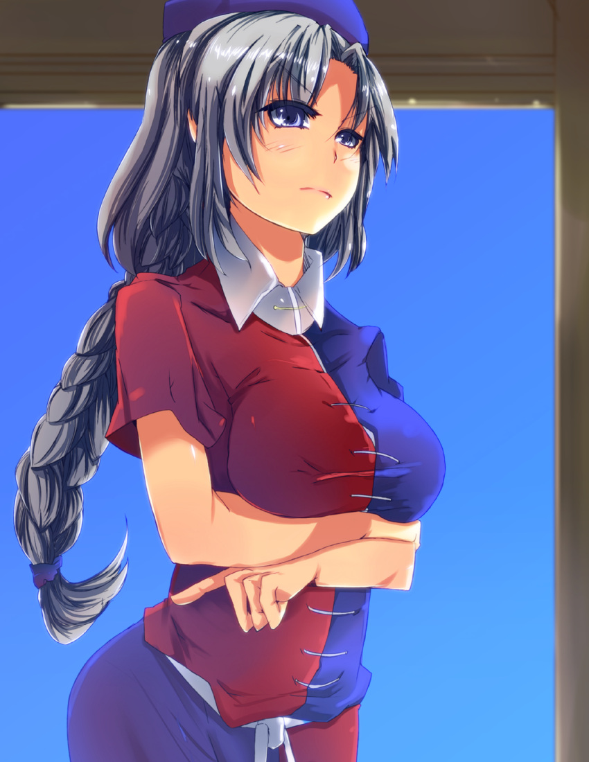 braid, crossed_arms, hat, highres, jyuuji, large_breasts, long_hair, nurse_cap