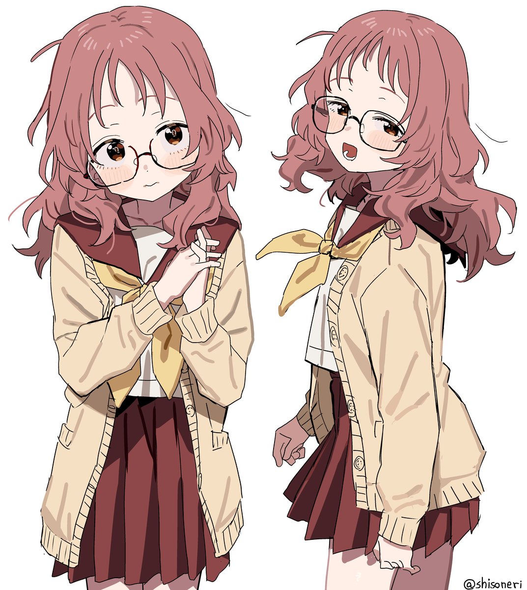 1girl, artist_name, black-framed_eyewear, blush, brown_eyes, brown_hair, cardigan, choppy_bangs