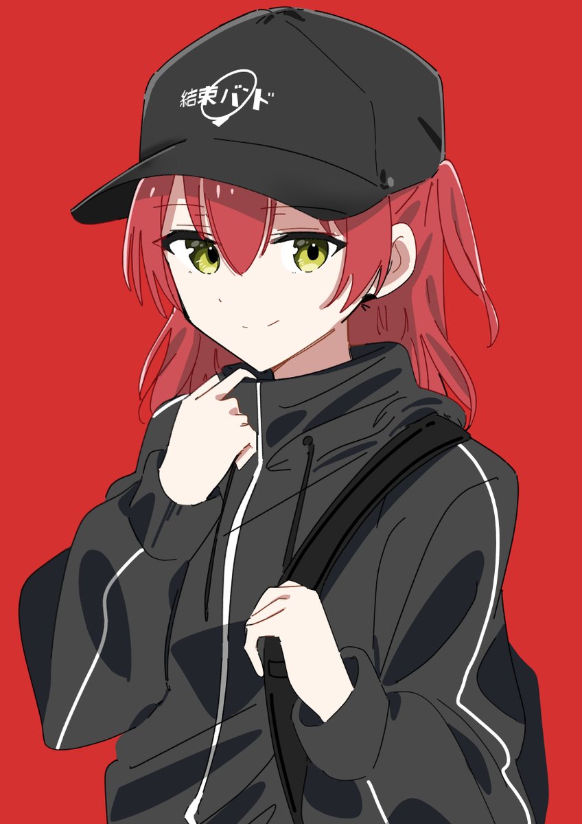818_seki, bag, baggy_clothes, baseball_cap, black_baseball_cap, black_hoodie, blush, bocchi_the_rock!