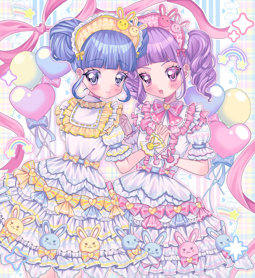 2girls, animal_print, balloon, blue_eyes, blue_hair, blunt_bangs, center_frills, closed_mouth