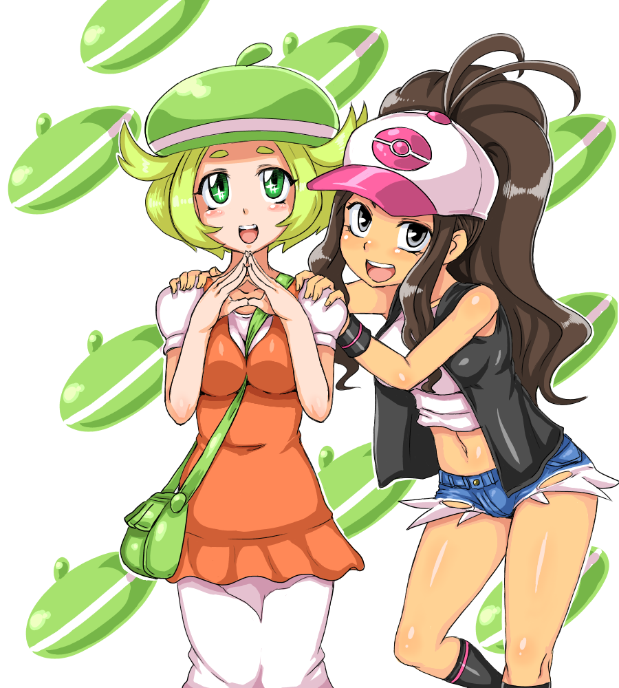 2girls, bag, bel_(pokemon), bell_(pokemon), blonde_hair, brown_hair, denim, denim_shorts