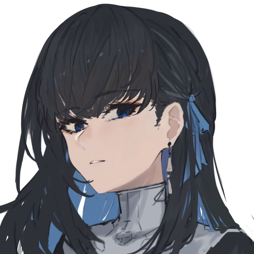 1girl, black_dress, black_hair, blue_eyes, blue_hair, colored_inner_hair, dress, earrings