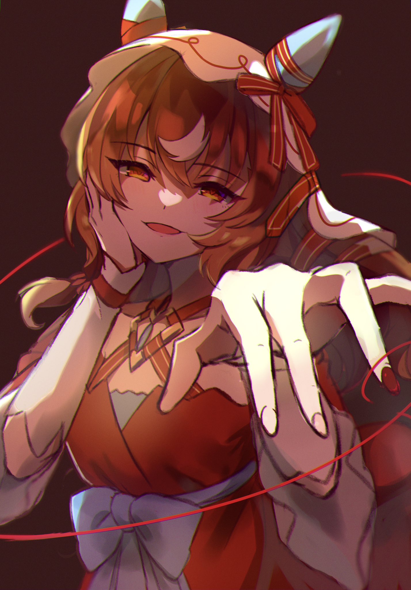 1girl, animal_ears, breasts, brown_background, brown_hair, chokotabetai00, collarbone, commentary_request