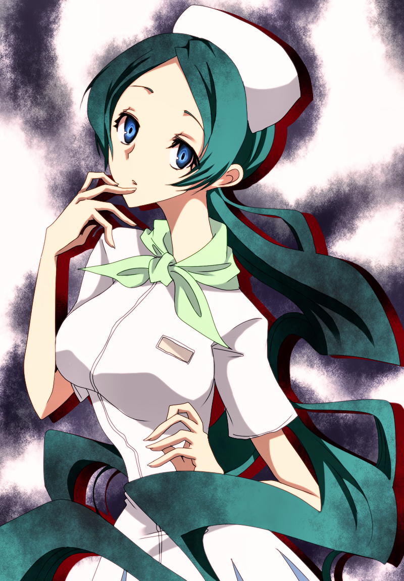 bandana, blue_eyes, green_hair, hat, kitty-bell92, kunihiro_ritsuko, long_hair, nurse