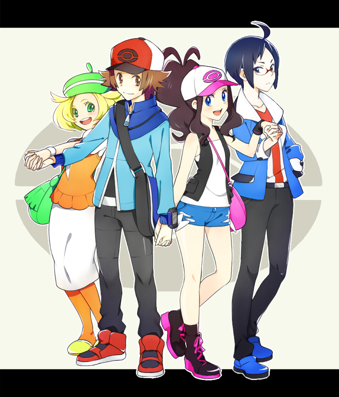 2boys, 2girls, bag, baseball_cap, bel_(pokemon), bell_(pokemon), beret, blazer