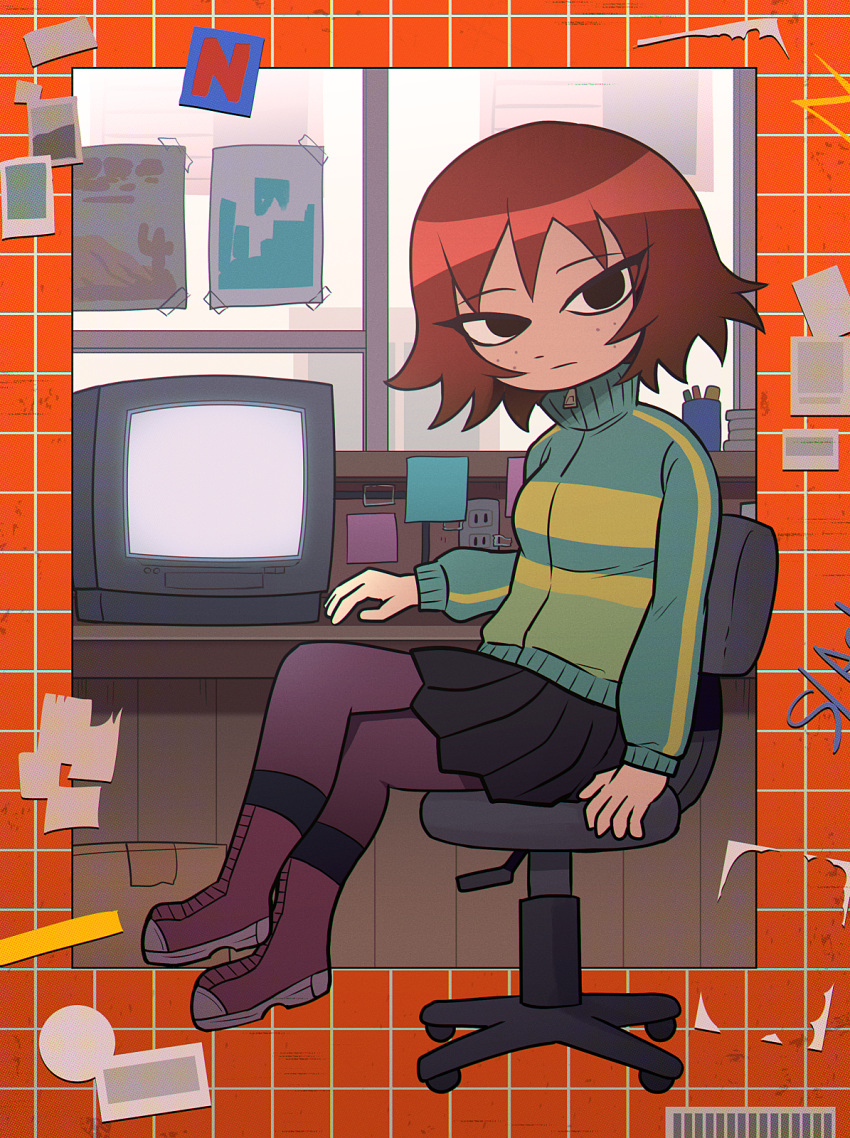 1girl, black_eyes, black_skirt, boots, brown_footwear, brown_hair, brown_pantyhose, closed_mouth
