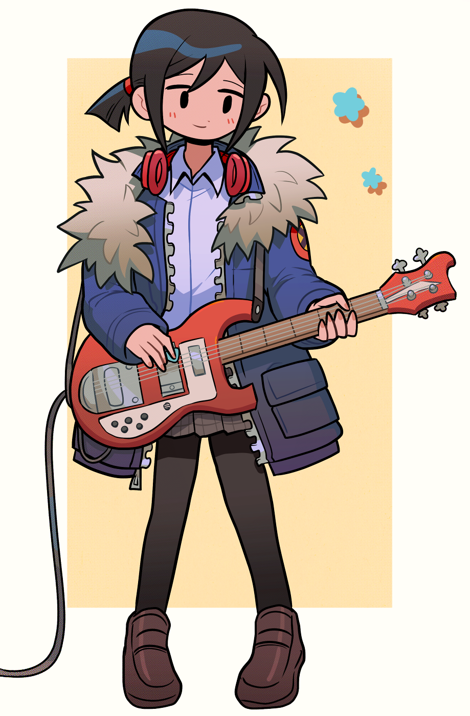 1girl, bass_guitar, black_eyes, black_hair, electric_guitar, full_body, g_tsurius, guitar