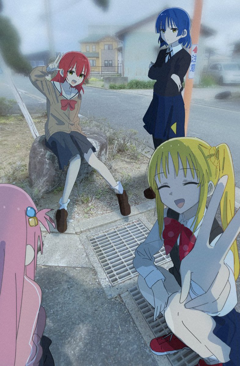 4girls, 818_seki, :d, ahoge, back, back_turned, black_cardigan, black_ribbon