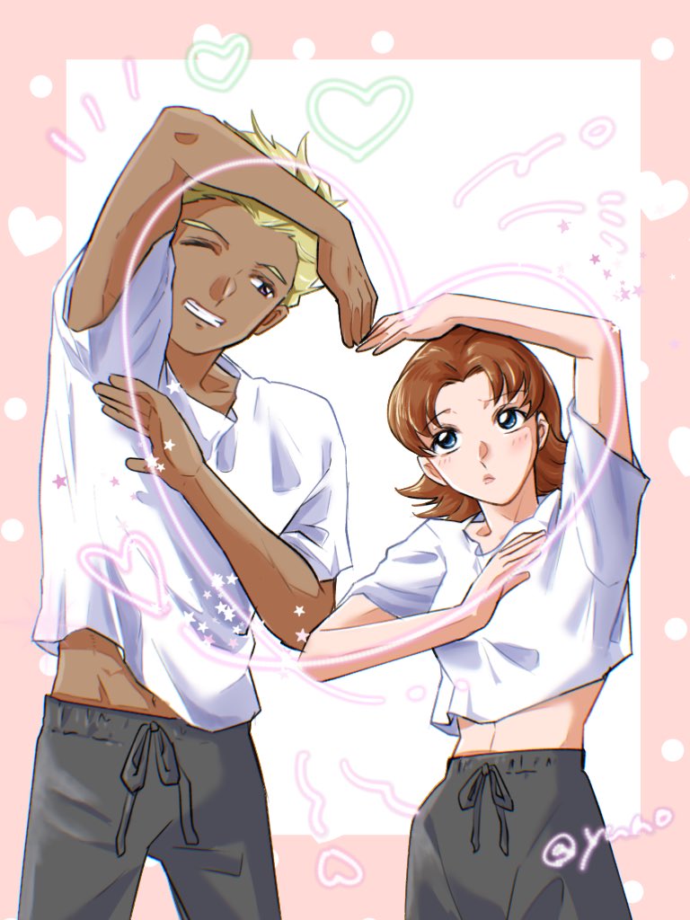 blonde_hair, brown_hair, couple, curico2810, dearka_elsman, flirting, gundam, gundam_seed, gundam_seed_destiny, heart, heart_hands, miriallia_haw, mobile_suit