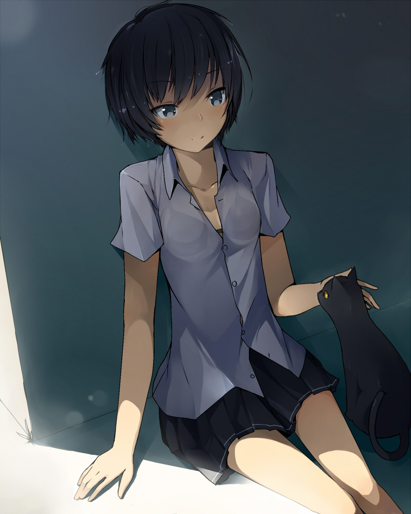 1girl, amagami, black_cat, black_hair, cat, en@rain, light, nanasaki_ai, puu_(amagami), school_uniform, shade, short_hair, sitting, skirt, solo