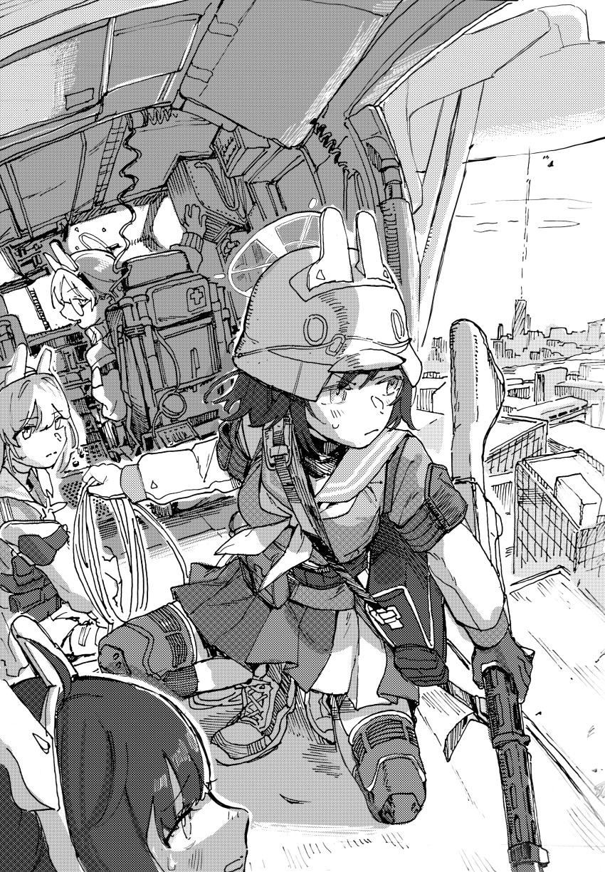 4girls, absurdres, animal_ears, bag, belt_pouch, blue_archive, city, cityscape