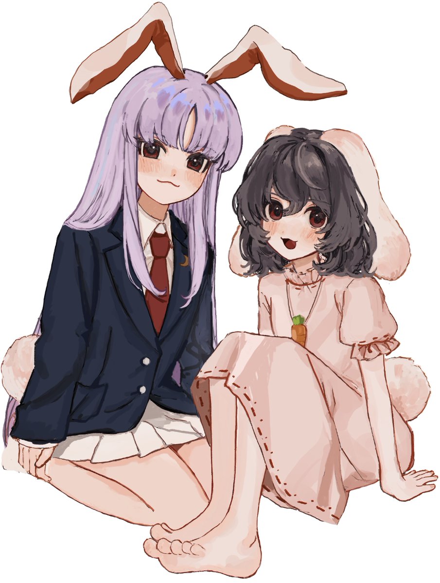 2girls, :3, animal_ears, b_nosk101, barefoot, black_hair, black_jacket, blazer