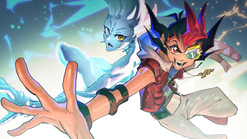 2boys, absurdres, astral_(yu-gi-oh!), black_hair, blue_hair, blue_shirt, blue_skin, colored_skin