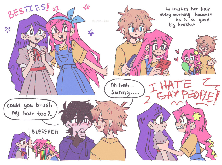 2boys, 2girls, alternate_universe, aubrey_(faraway)_(omori), aubrey_(omori), basil_(faraway)_(omori), basil_(omori), black_eyes, black_hair, blonde_hair, blue_eyes, blue_overalls, clenched_teeth, closed_eyes, english_text, freckles, game_boy, game_boy_(original), hairband, hand_mirror, handheld_game_console, heart, highres, holding, holding_mirror, long_hair, mari_(faraway)_(omori), mari_(omori), mirror, multiple_boys, multiple_girls, omori, open_mouth, overall_skirt, overalls, parted_lips, pink_hair, purple_hair, shirt, short_hair, short_sleeves, speech_bubble, sunny_(omori), sweater, teeth, vomiting_rainbows, yellow_shirt, yellow_sweater, yuilu_(yuiluqqq)