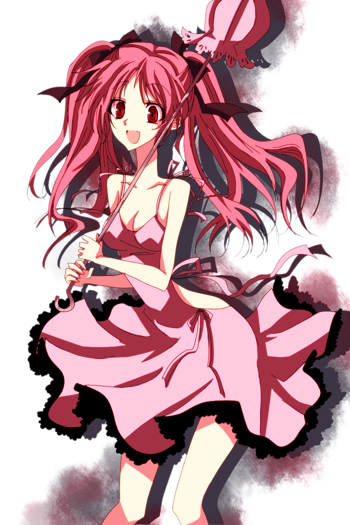 dress, kitty-bell92, parasol, pink_hair, red_eyes, ribbon, shiki, shimizu_megumi, smile, solo, twintails, umbrella