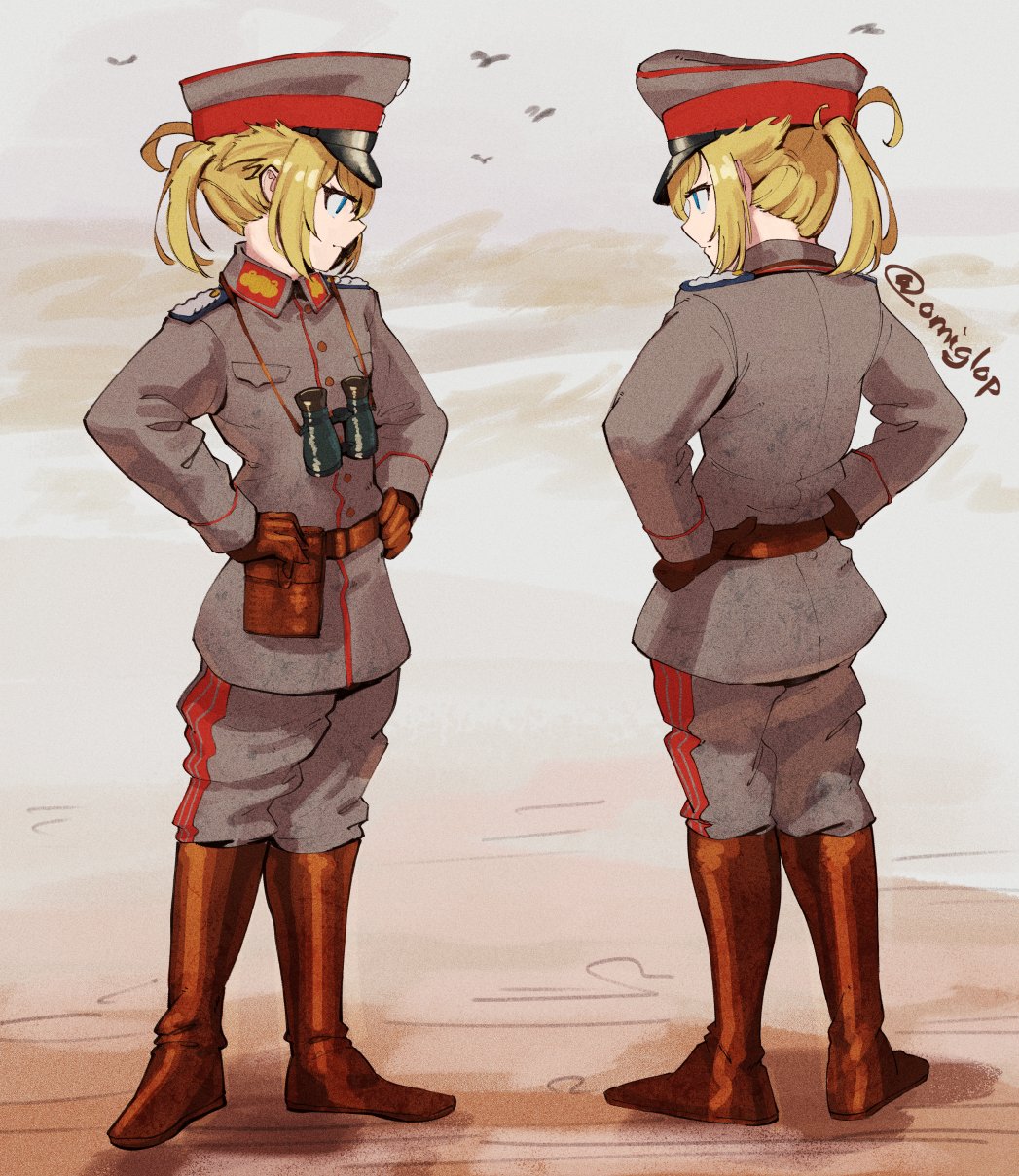 1girl, binoculars, blonde_hair, blue_eyes, brown_gloves, german_army, german_empire, gloves, grey_jacket, grey_pants, hands_on_own_hips, hat, highres, imperial_german_army, jacket, military_hat, military_uniform, multiple_boys, omiglop, pants, solo, tanya_degurechaff, uniform, youjo_senki