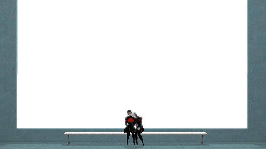 2girls, absurdres, android, ariane_yeong, bench, black_hair, bob_cut, commentary
