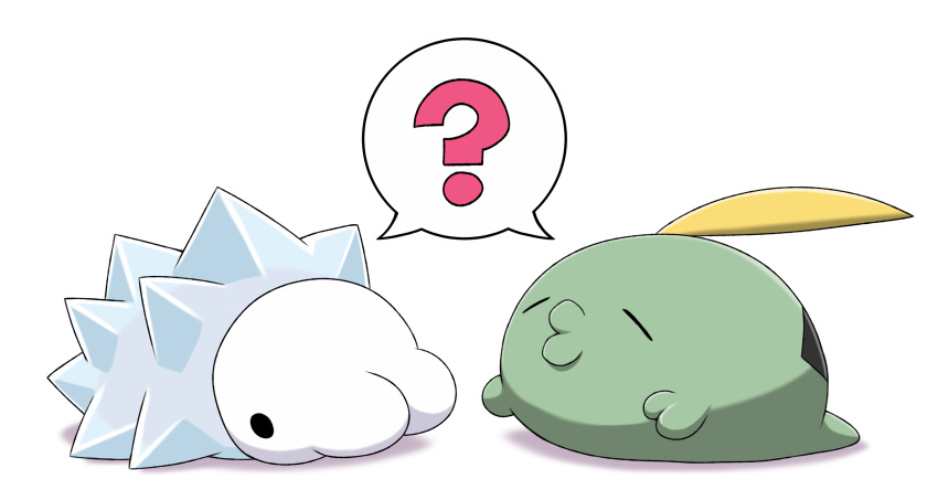 ?, black_eyes, closed_eyes, commentary_request, gulpin, highres, mafuyu_tora, no_humans, o3o, pokemon, pokemon_(creature), shared_speech_bubble, snom, solid_circle_eyes, speech_bubble, spoken_question_mark, white_background