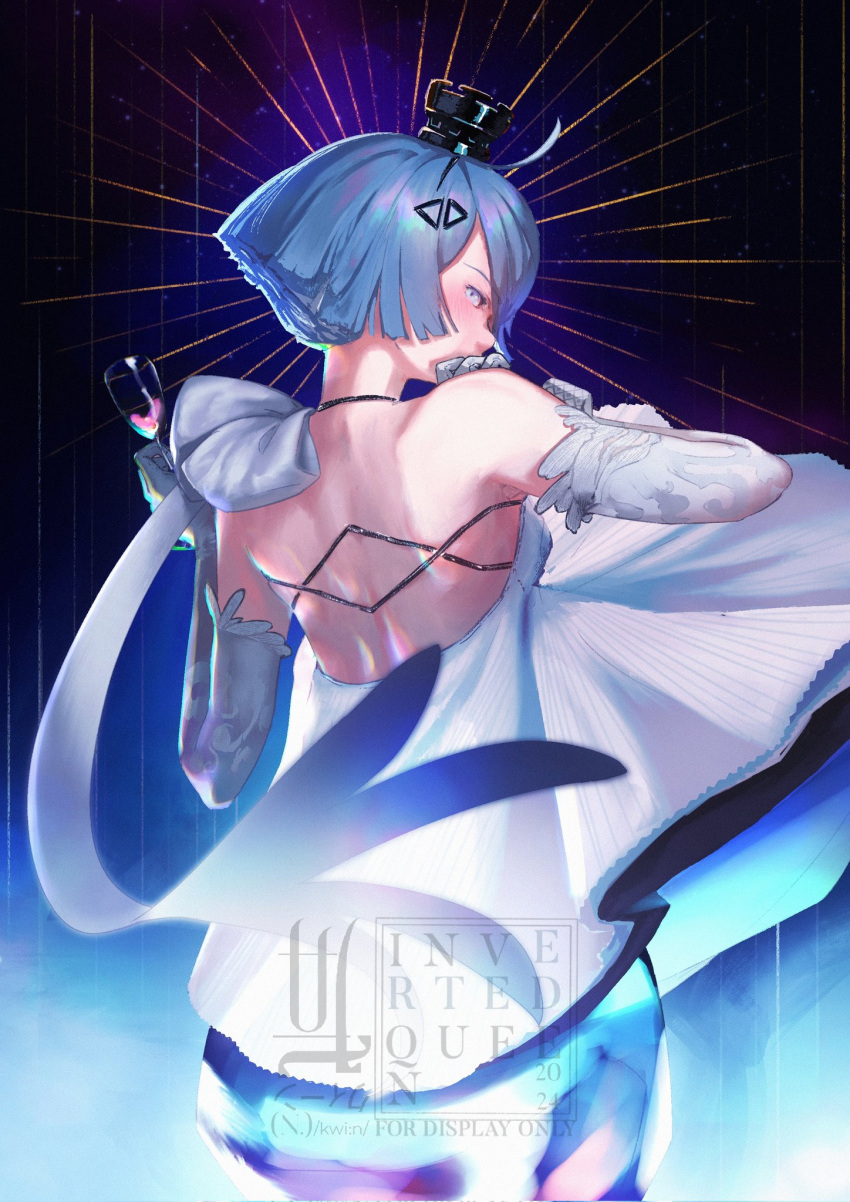 1girl, ahoge, blue_eyes, blue_hair, cowboy_shot, cup, dress, elbow_gloves