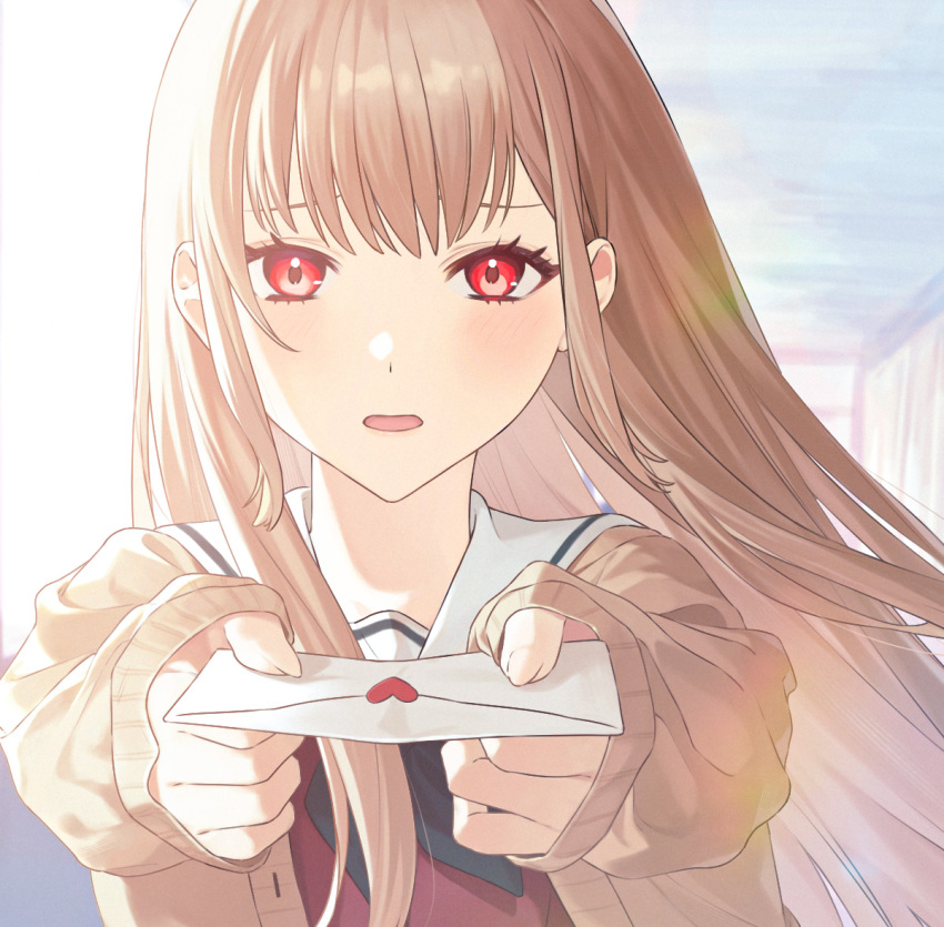 1girl, black_neckerchief, bloom, blurry, blush, brown_cardigan, brown_hair, cardigan