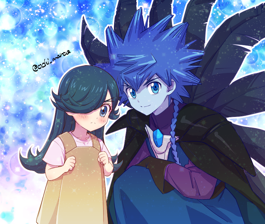 1boy, 1girl, artist_name, black_gloves, blue_eyes, blue_hair, blush, braid, gloves, green_hair, hair_over_one_eye, kamijou_ehoko, long_hair, looking_at_viewer, ochi_marco, pink_shirt, shirt, single_braid, smile, spiky_hair, the_luge, yu-gi-oh!, yu-gi-oh!_go_rush!!