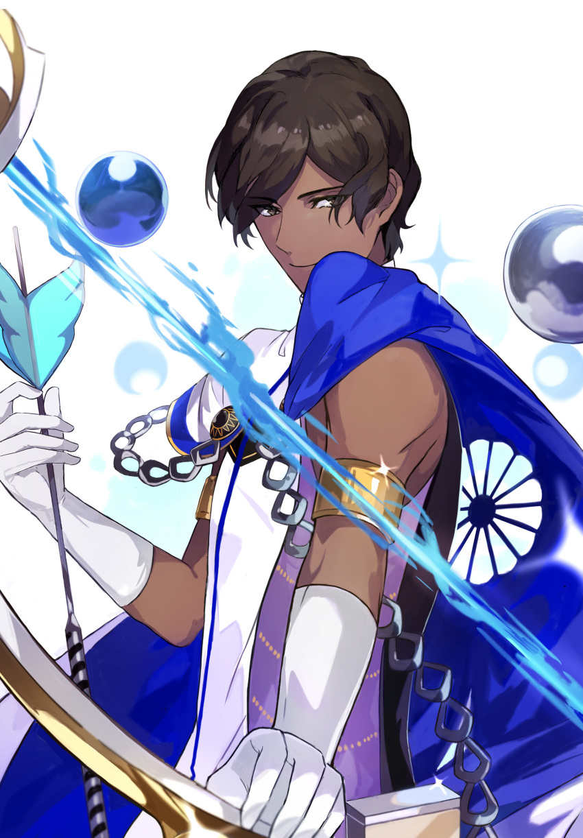 1boy, absurdres, agni_gandiva, arjuna_(fate), black_eyes, black_hair, bow_(weapon), brown_hair