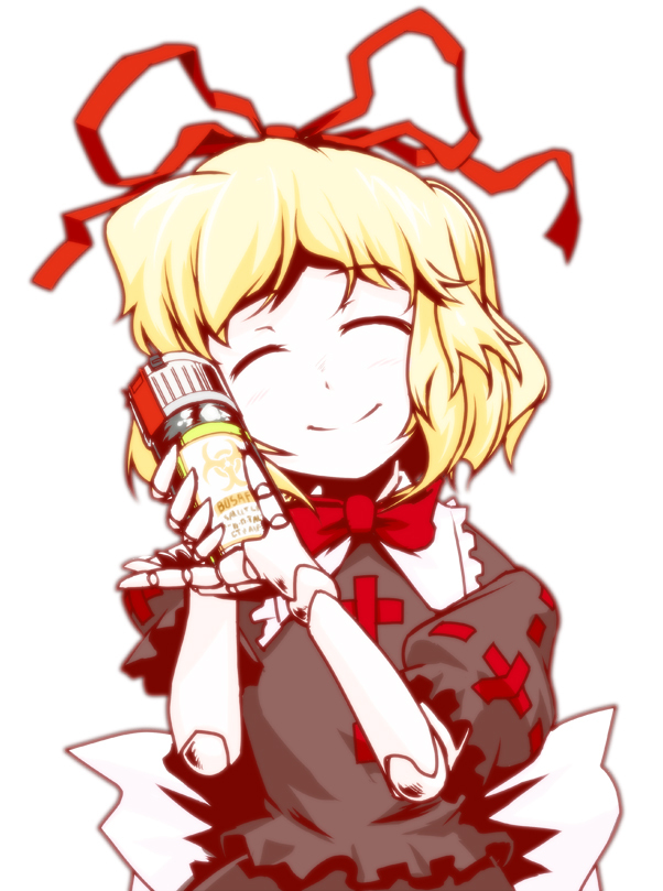 1girl, blonde_hair, boomer_bile, canister, closed_eyes, doll, doll_joints, grenade, hellshock, left_4_dead, left_4_dead_2, medicine_melancholy, ribbon, short_hair, smile, touhou, weapon