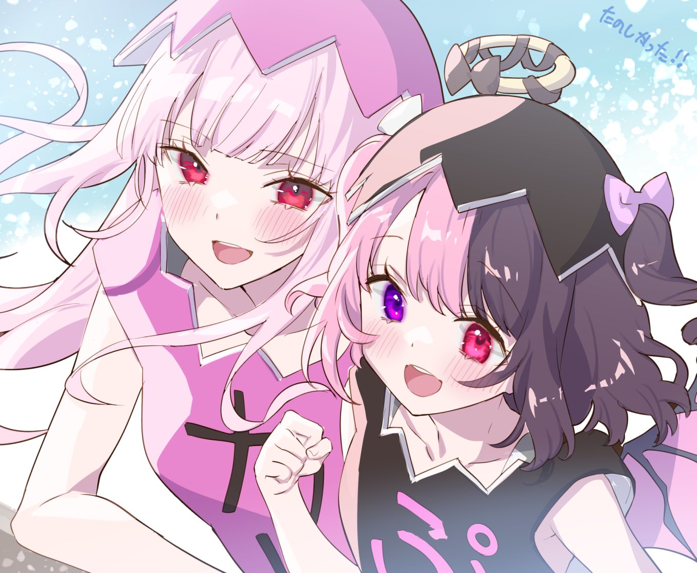 2girls, amaki_pururu, black_hair, blush, collarbone, eggshell_hat, floating_hair, heterochromia