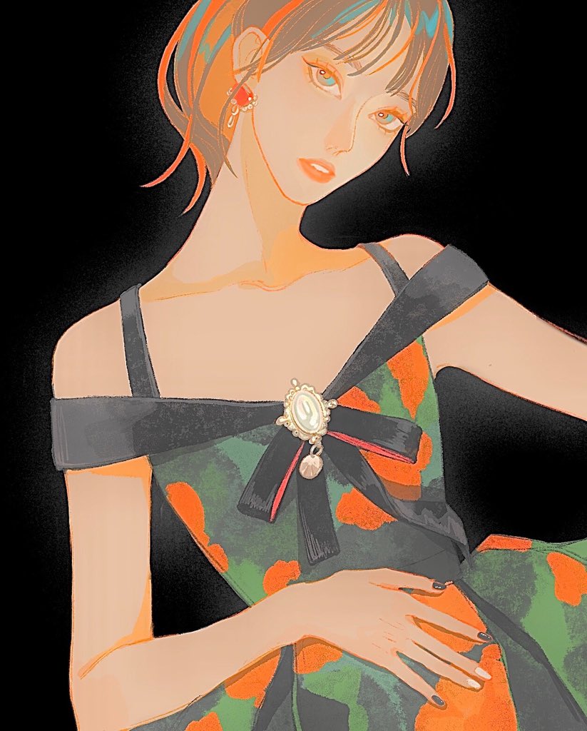 1girl, bare_arms, bare_shoulders, black_background, black_bow, black_bowtie, black_nails, black_sleeves