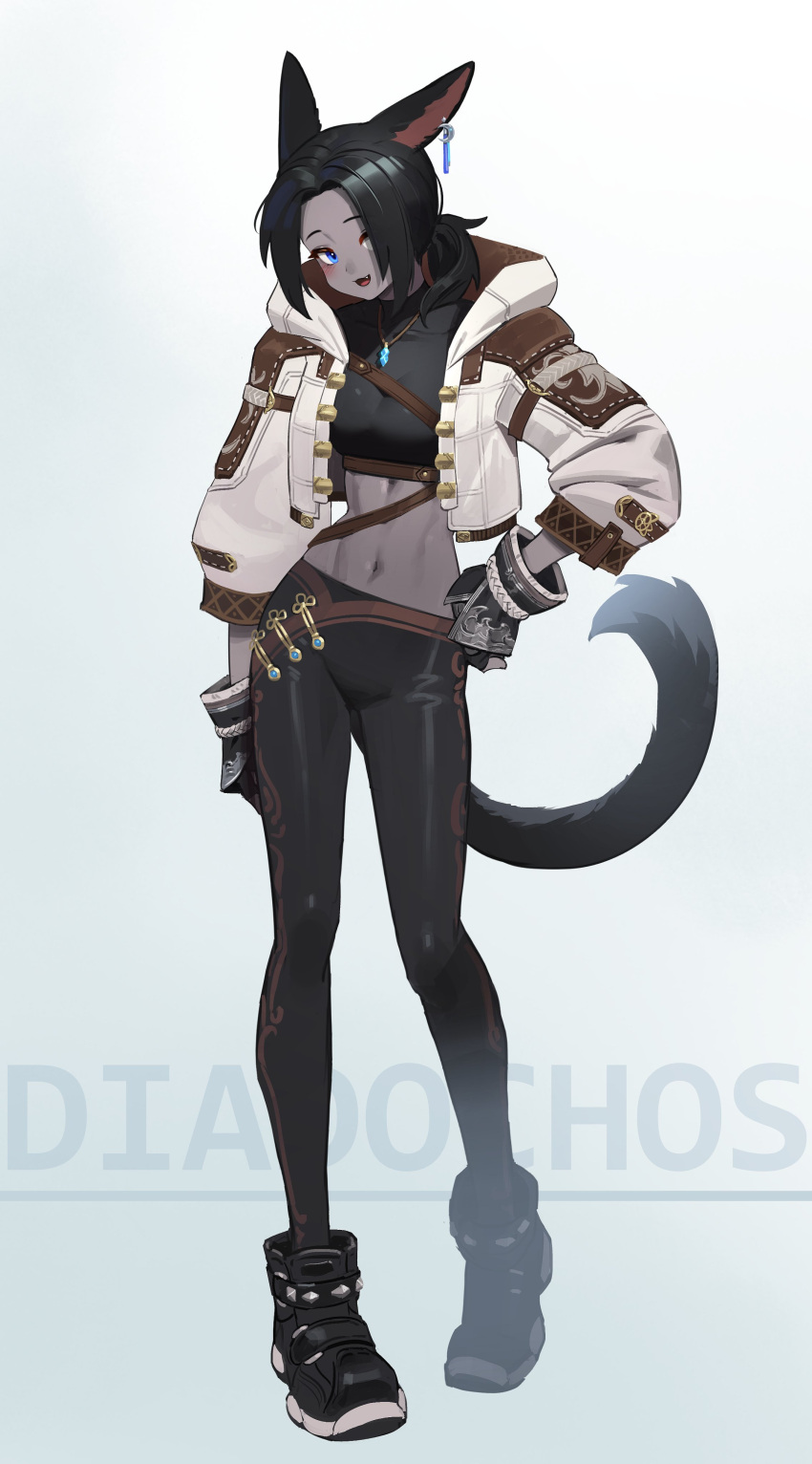 1girl, :d, absurdres, animal_ears, black_hair, black_leggings, blue_eyes, colored_skin