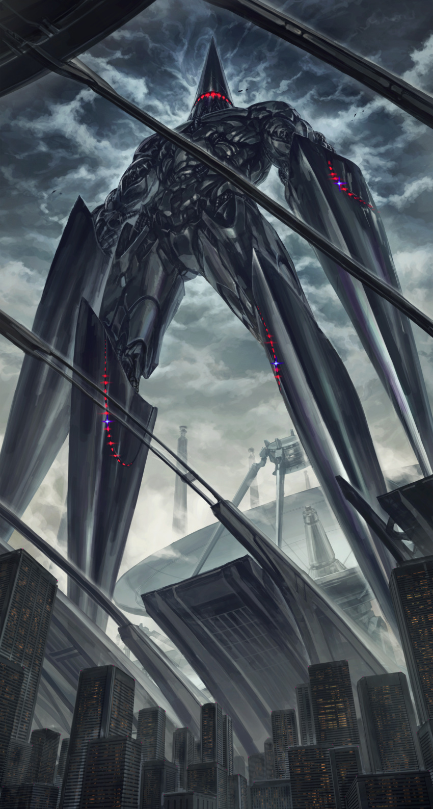 absurdres, building, cityscape, clouds, cloudy_sky, from_below, go-malniju, highres, mecha, no_humans, original, parabolic_antenna, robot, science_fiction, sky, skyscraper, standing