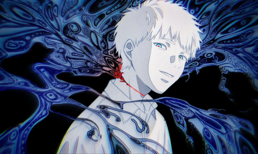 1boy, black_background, bleeding, blood, blue_eyes, colored_skin, highres, hikaru_(hikaru_ga_shinda_natsu), hikaru_ga_shinda_natsu, looking_at_viewer, nano_(h-koki0911), red_pupils, short_hair, slit_throat, smile, solo, upper_body, white_hair, white_skin