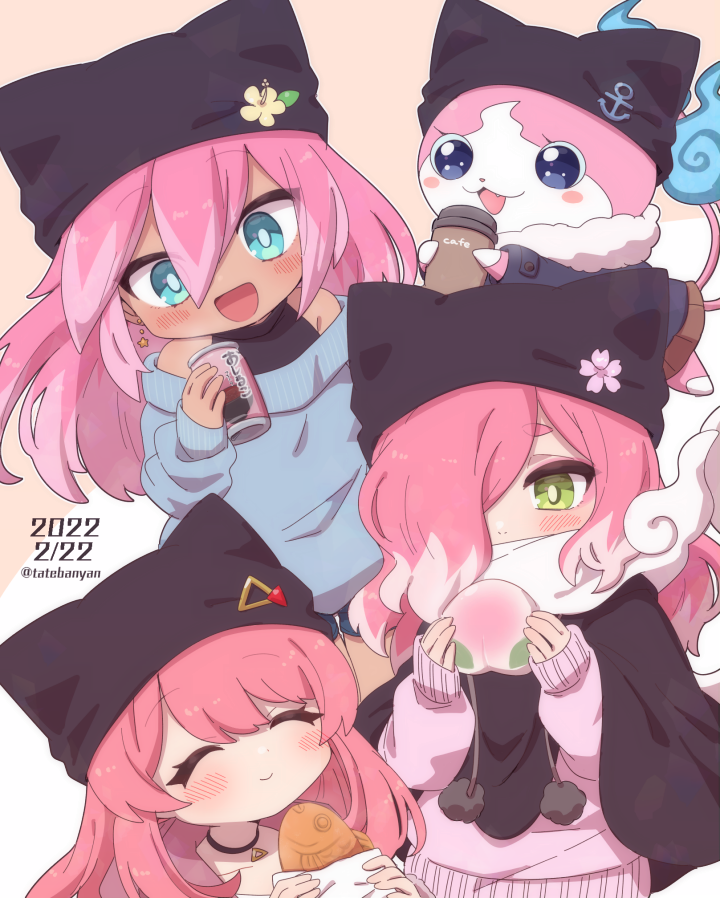 4girls, animal_hat, blue_eyes, blush, can, cape, cat_hat, character_request