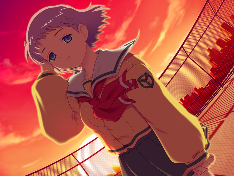 1girl, blue_eyes, blue_hair, buttons, chain-link_fence, closed_mouth, clouds, dusk